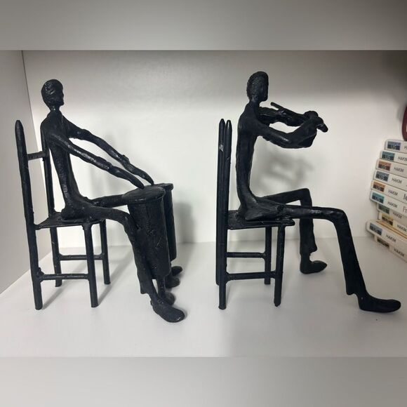 90s Modernist Black Cast Iron Set of Two Brutal Musicians Art Sculpture - Picture 6 of 13